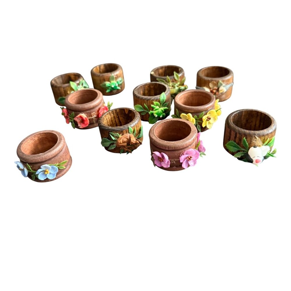 Set Of 9 Vintage Wooden Napkin Rings With Handmade Floral & Animal Decorations